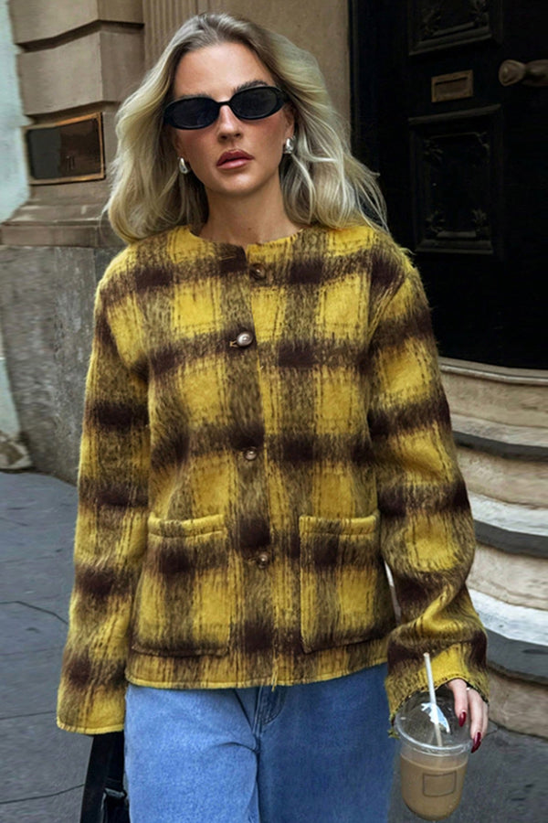 Plaid Double Pocket Single Breasted Crop Coat