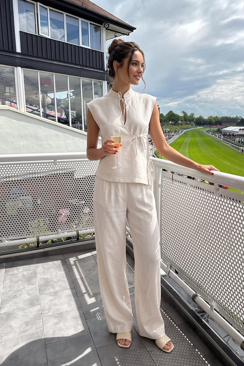 Mandarin Collar Tie Front Wide Leg Pants Tailored Sets