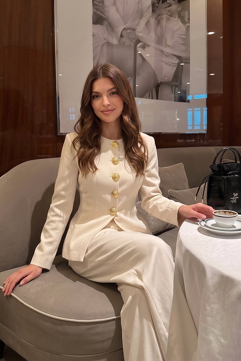 Gold Button Minimalist Round Neck Tailored Pants Sets