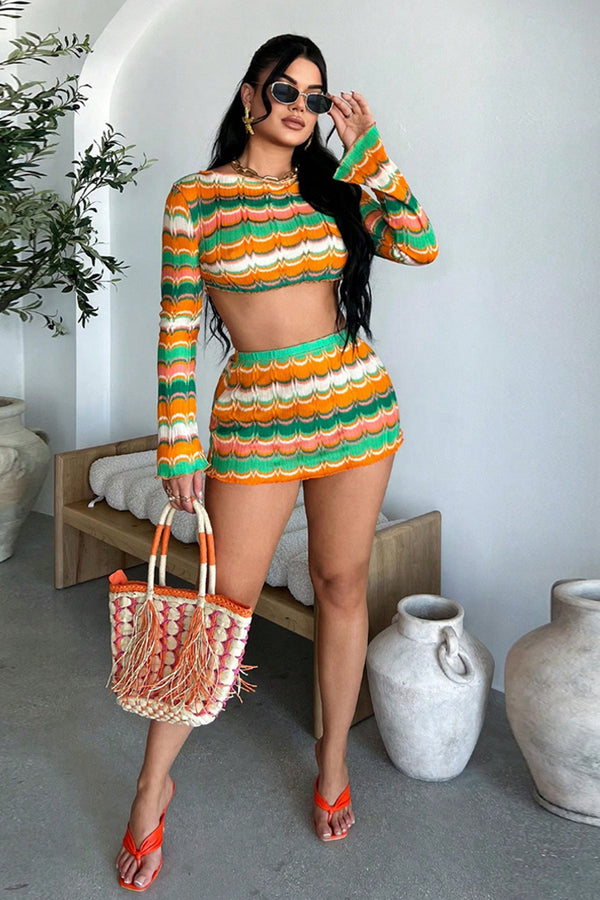 Multicolor Wave Striped Long Sleeve Mini Skirt Set