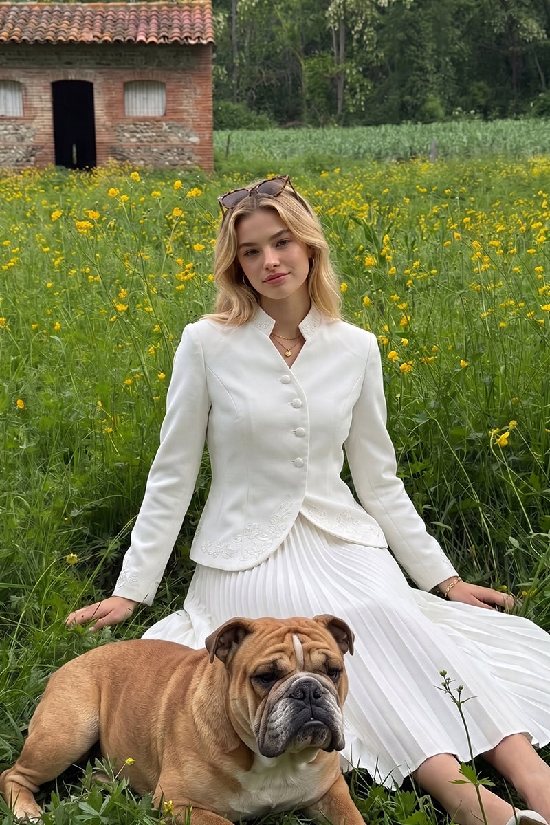 Mock Neck Embroidered Pleated Tailored Skirt Sets