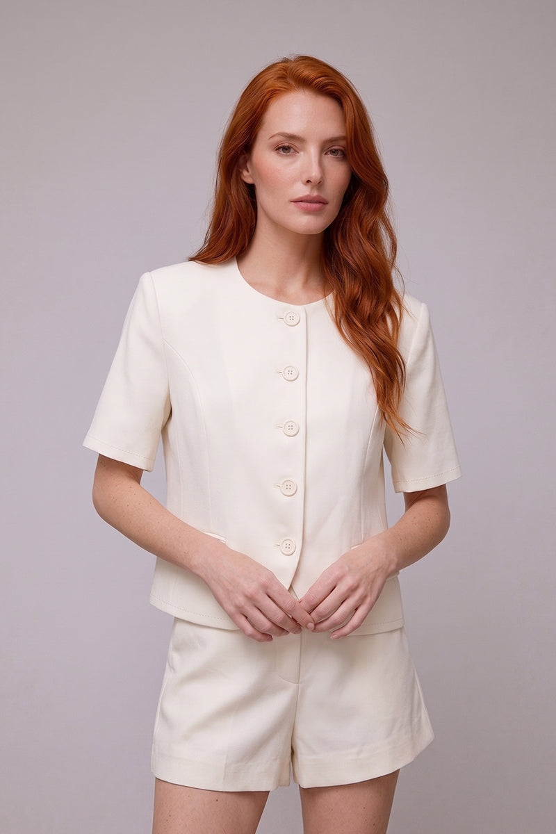 Round Neck Short Sleeve Button Tailored Shorts Sets