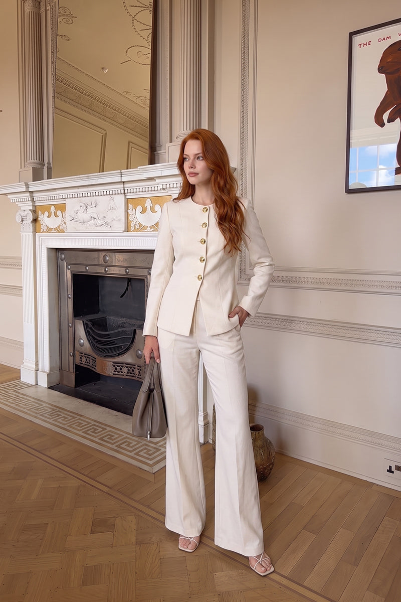 Gold Button Minimalist Round Neck Tailored Pants Sets