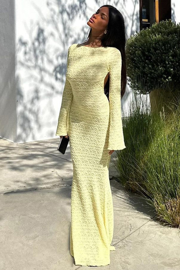 Long Sleeve Ruched Backless Lace Maxi Dress