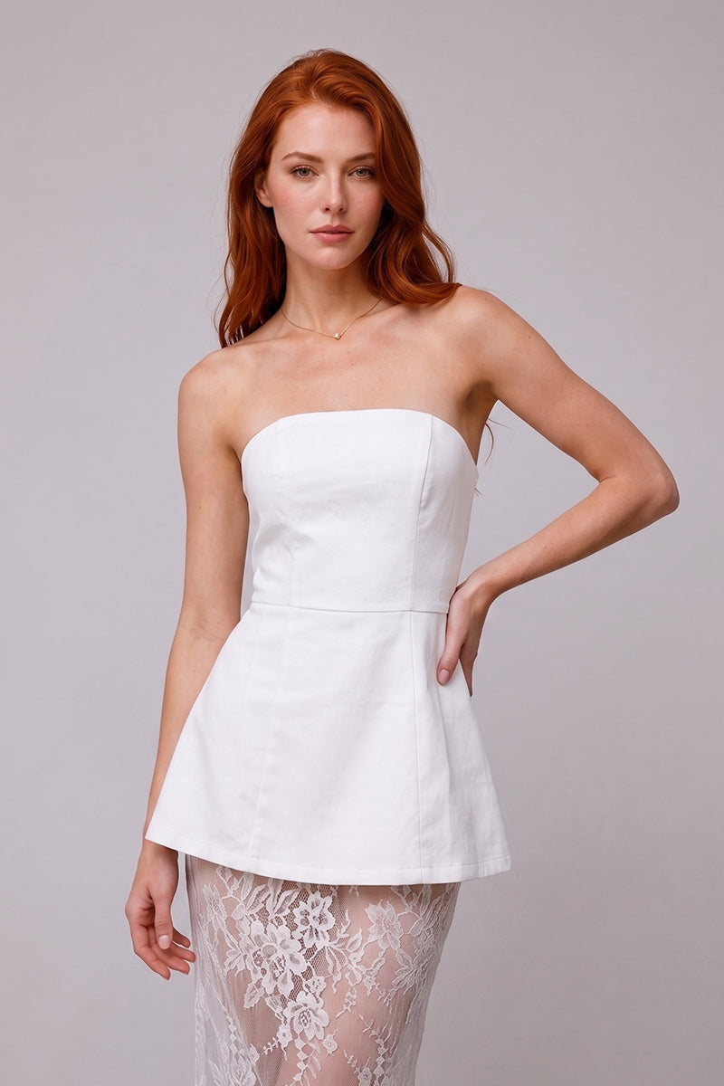 Strapless Peplum Detailed Lace Splicing Tailored Skirt Sets