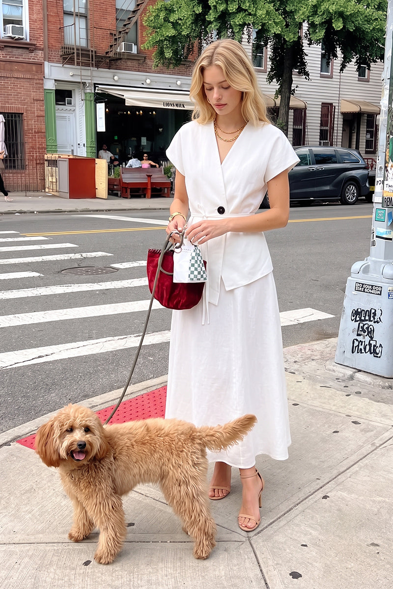 V Neck Tie Waist Tailored Skirt Sets