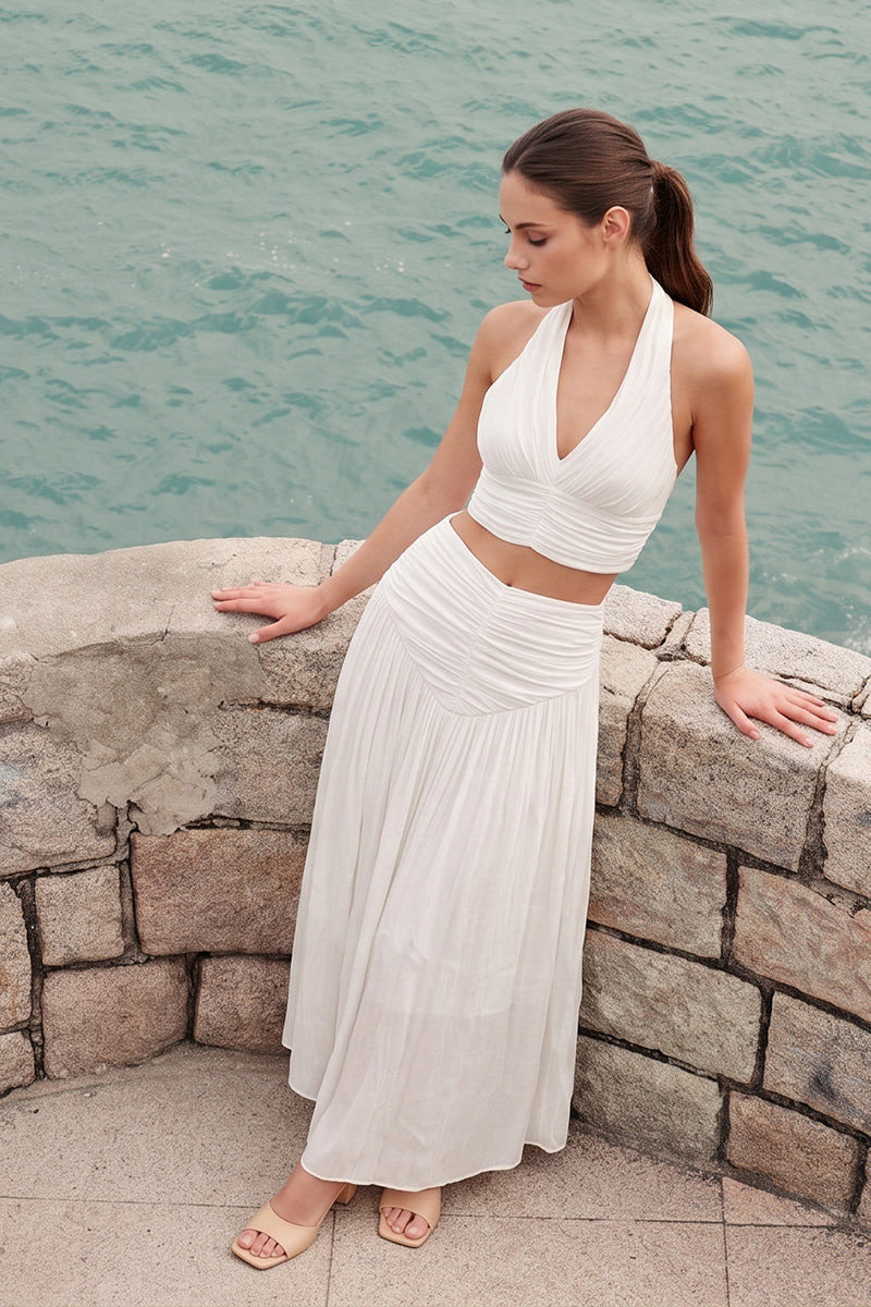 Halter Backless Zipper Pleated Tailored Maxi Skirt Sets