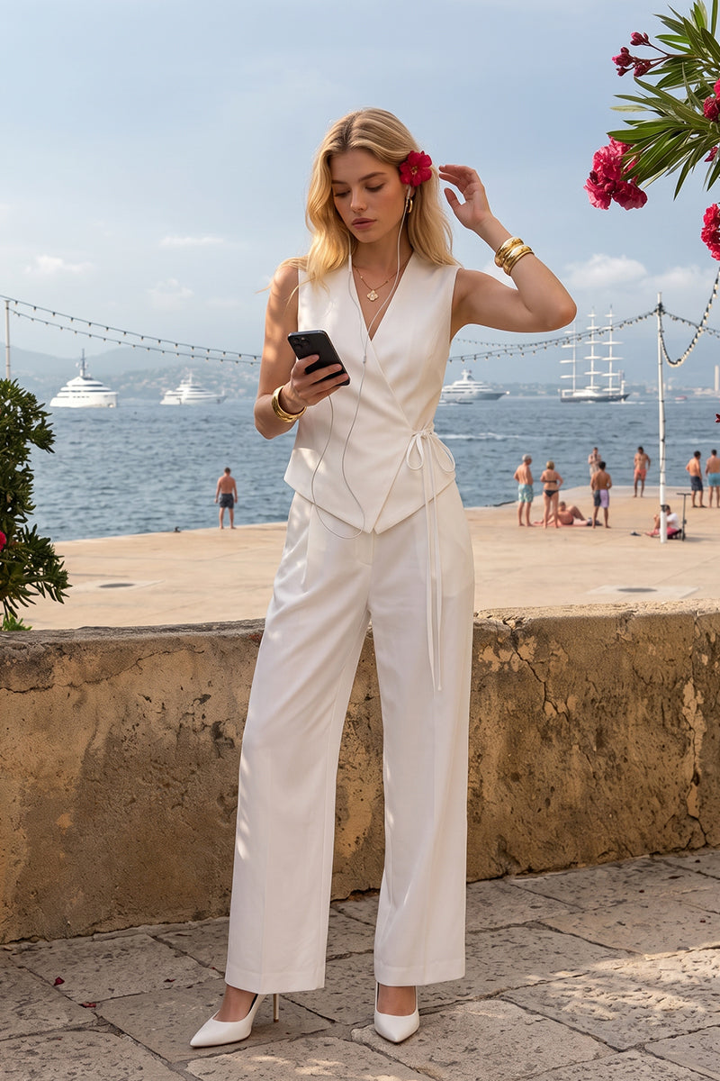 V Neck Wrap Tie Wide Leg Tailored Sets