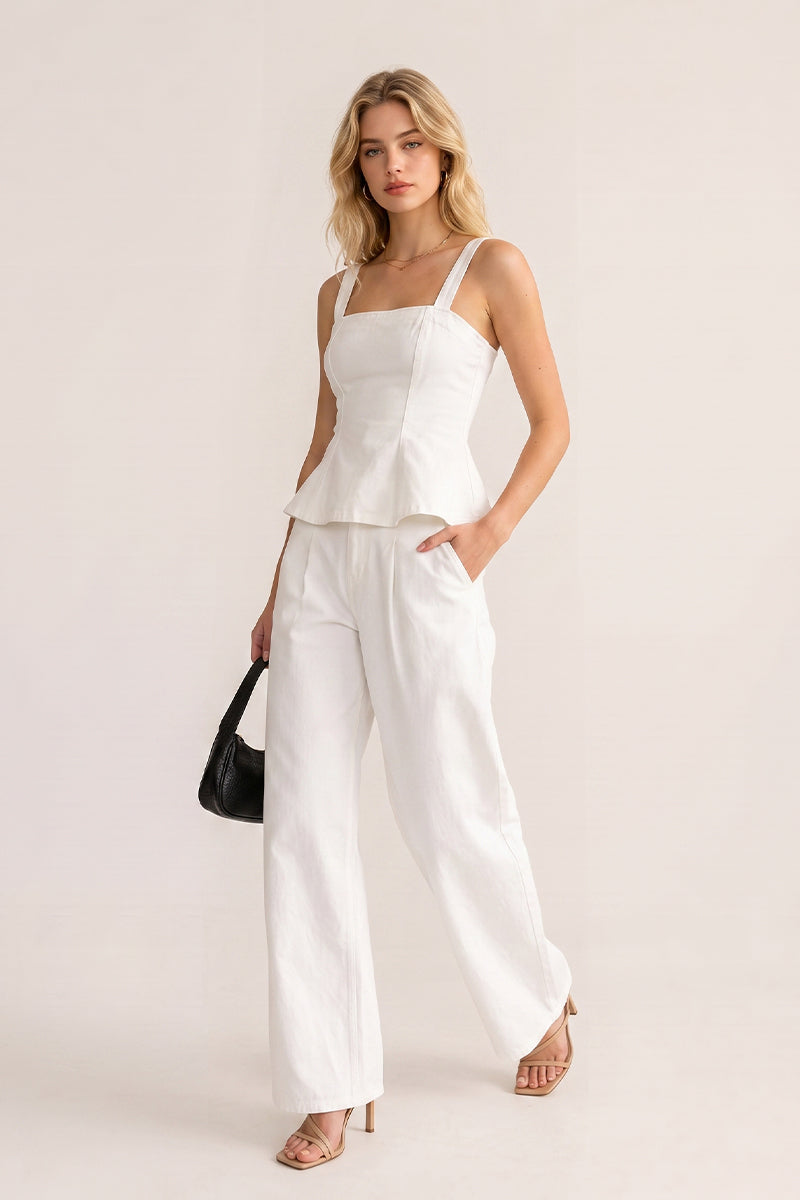 Square Neck Ruffle Vest Wide Leg Pants Tailored Sets