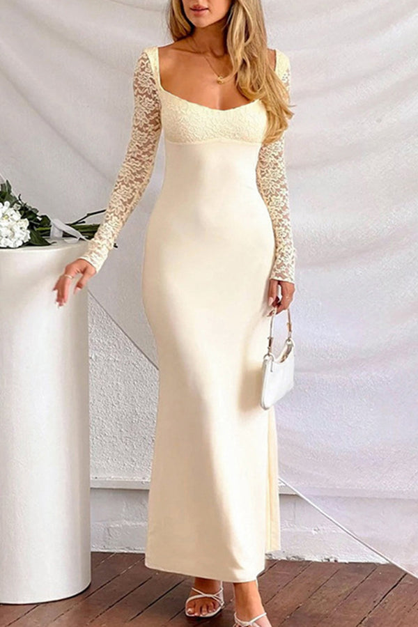 Solid Square Neck Lace Long Sleeve Bodycon Dress