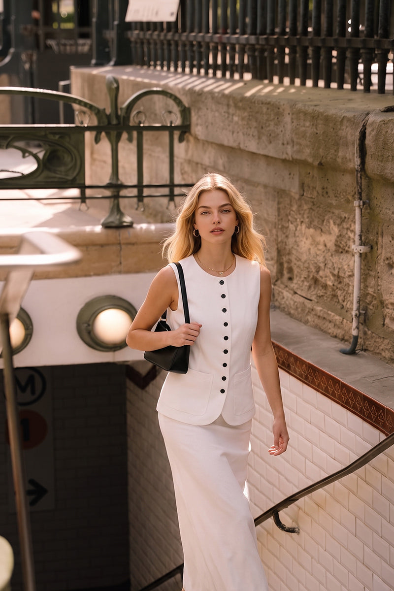 Round Neck Sleeveless Button Down Tailored Skirt Sets