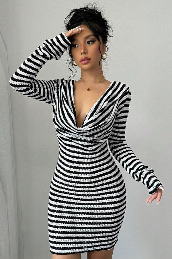 Striped Cowl Neck Long Sleeve Mini Dress