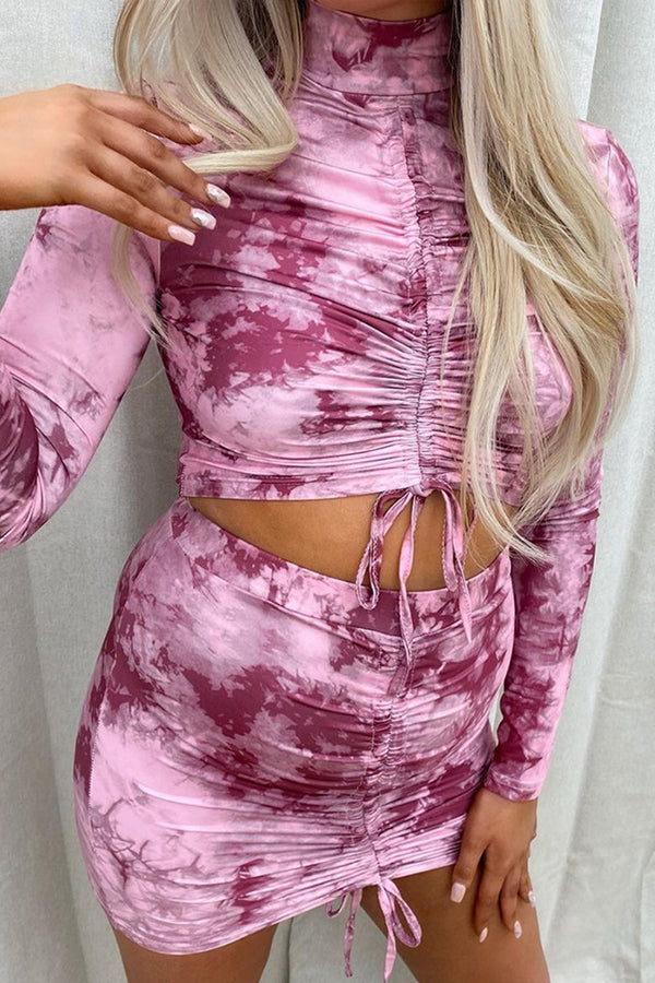 Tie Dye Long Sleeve Ruched Mini Skirt Set