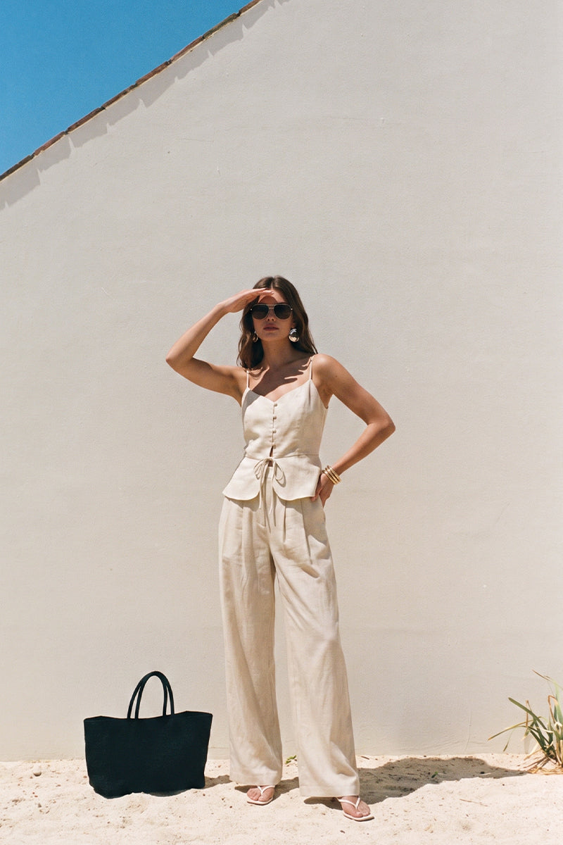 Linen Camisole Peplum Wide Leg Tailored Pant Sets