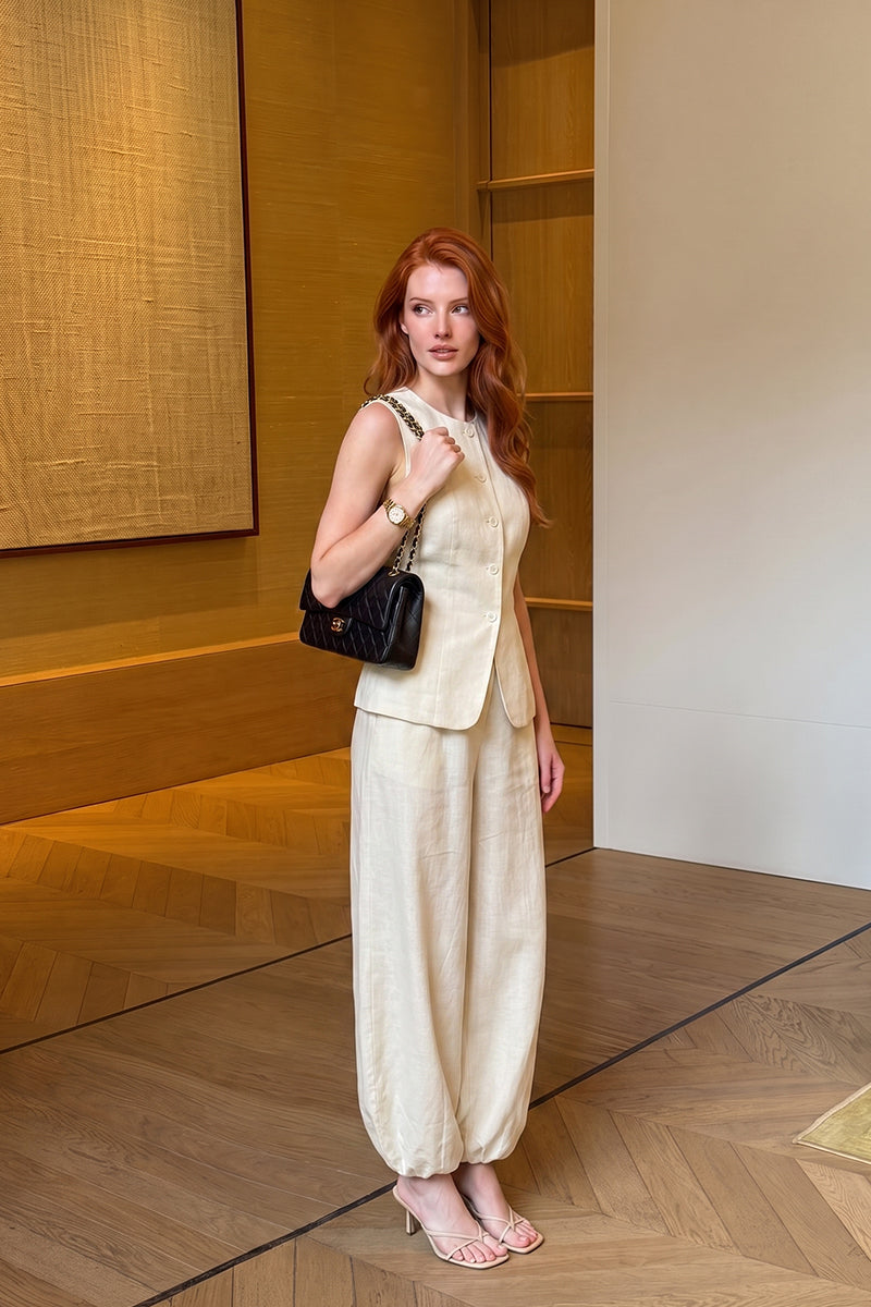 Sleeveless Button Vest Wide Leg Tailored Sets
