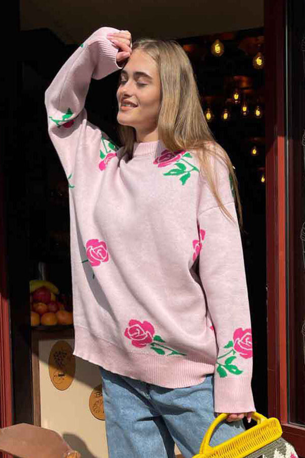 Round Neck Rose Print Knit Sweater