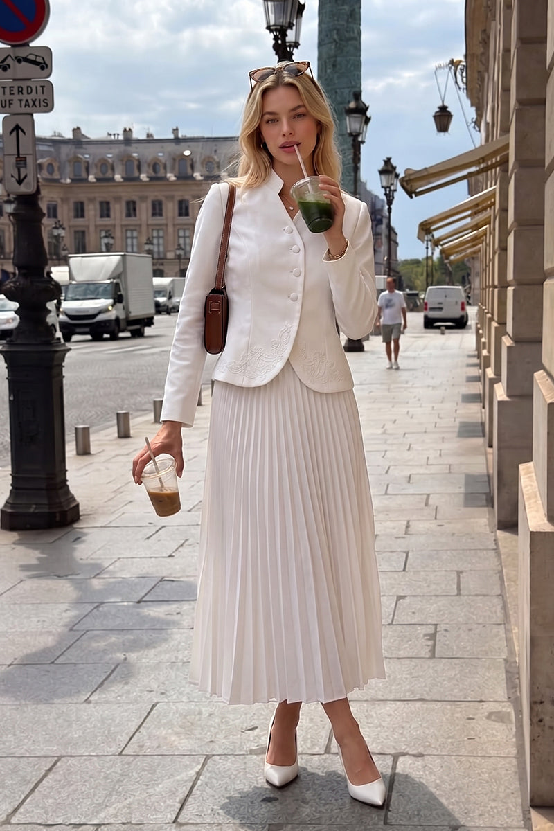 Mock Neck Embroidered Pleated Tailored Skirt Sets