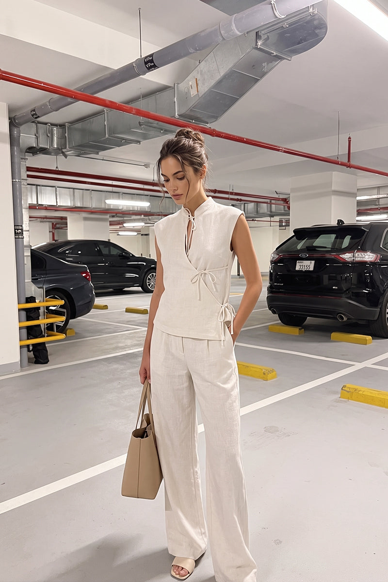 Mandarin Collar Tie Front Wide Leg Pants Tailored Sets