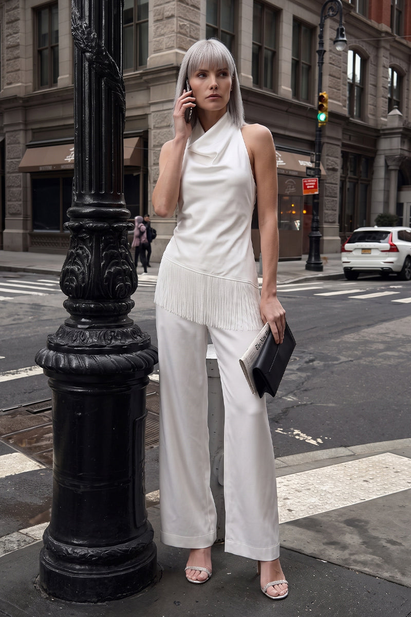 Cowl Neck Backless Fringe Hem Tailored Pants Sets