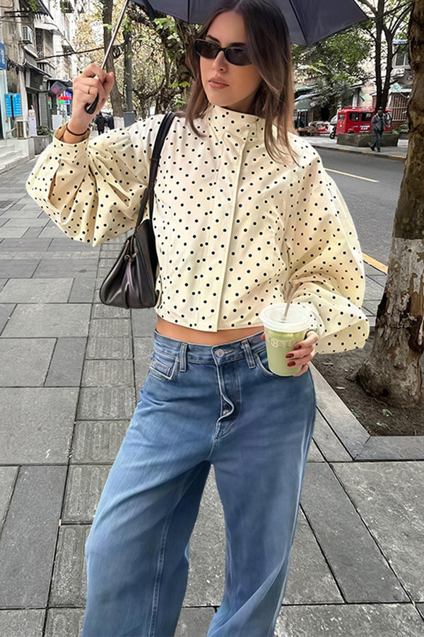 Mock Neck Polka Dot Lantern Sleeve Crop Jacket