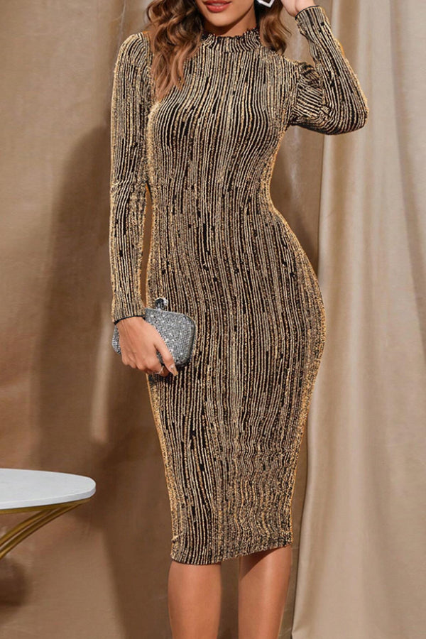 Sequin Round Neck Long Sleeve Bodycon Midi Dress