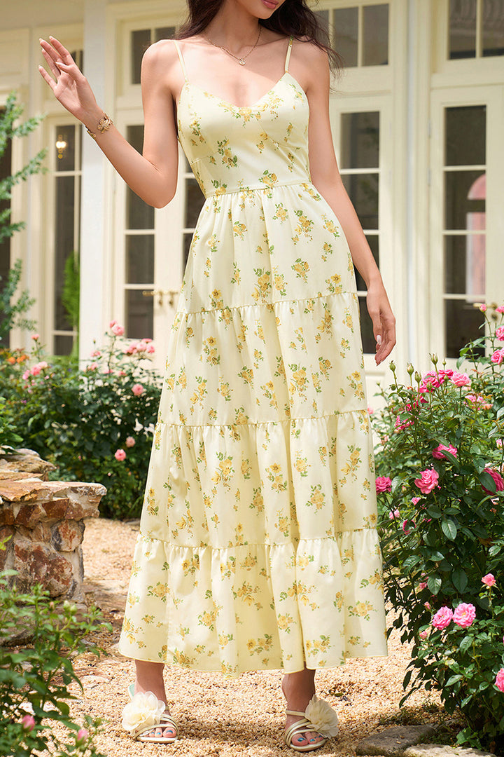 Spaghetti Strap Print Ruffle Bow Back Maxi Dress – WELENY