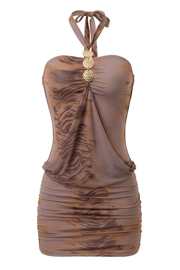 Print Halter Metal Ring Bodycon Party Mini Dress  WELENY