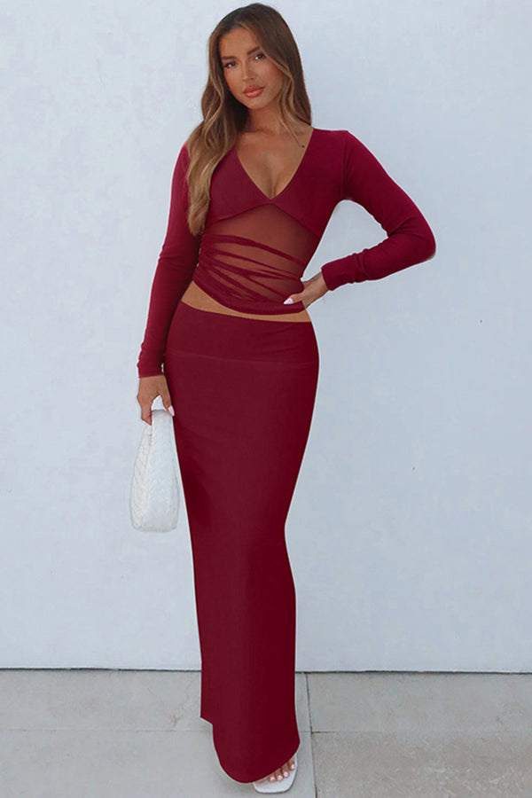 V Neck Mesh Splicing Long Sleeve Crop Top