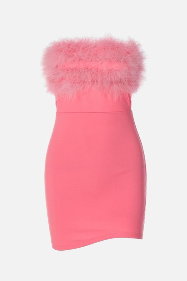 Pink Fuzzy Strapless Mini Bodycon Dress