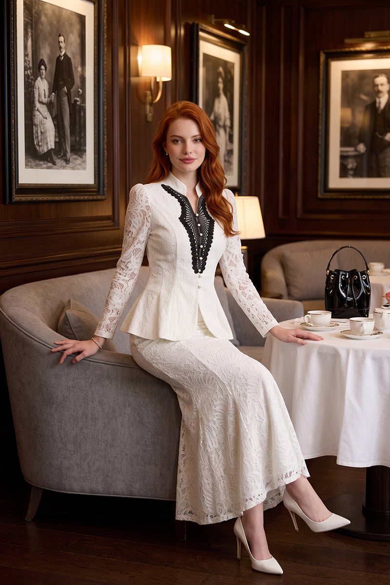 Lace Patchwork Peplum Mermaid Tailored Skirt Sets