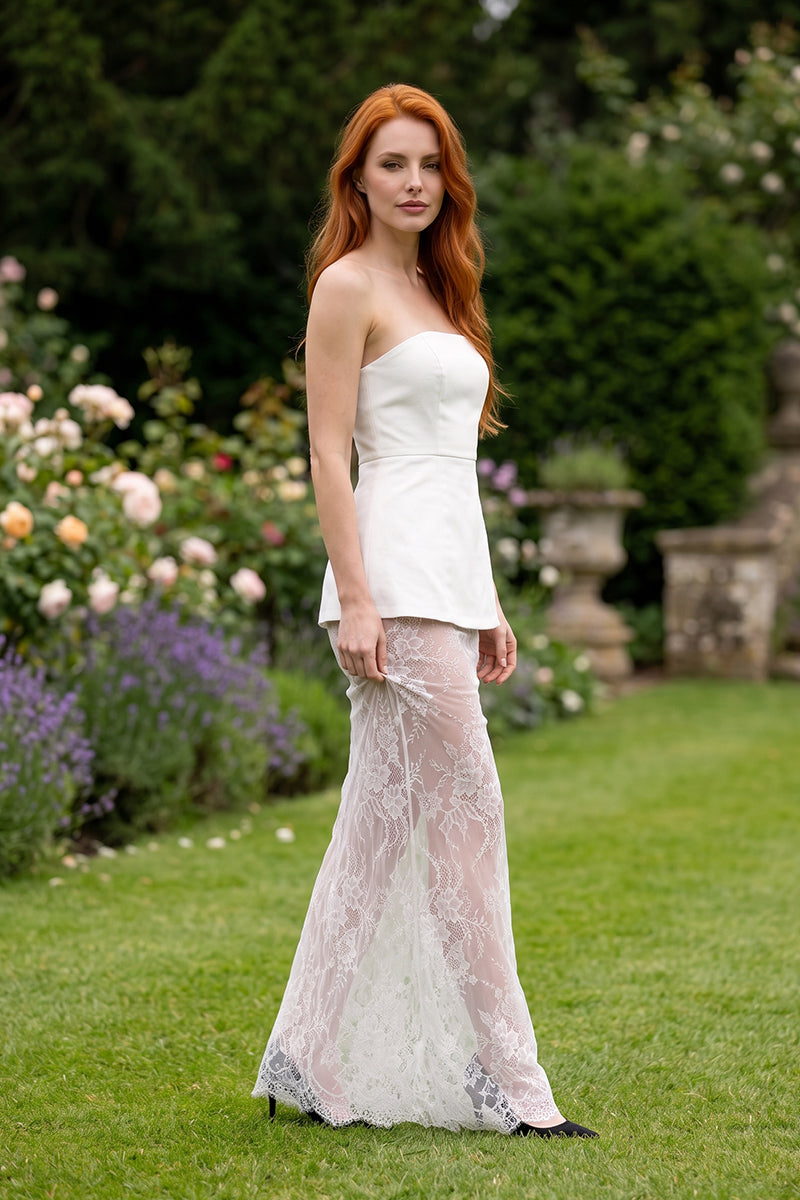 Strapless Peplum Detailed Lace Splicing Tailored Skirt Sets