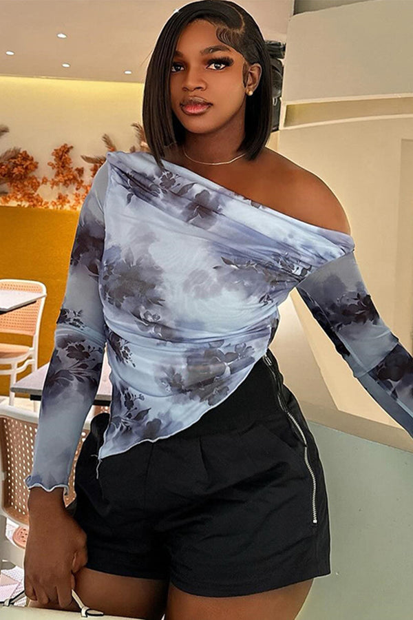 Sloping Shoulder Irregular Hem Tie Dye Top