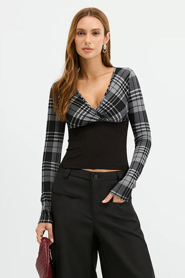 Plaid Paneled Knit Long Sleeve Top