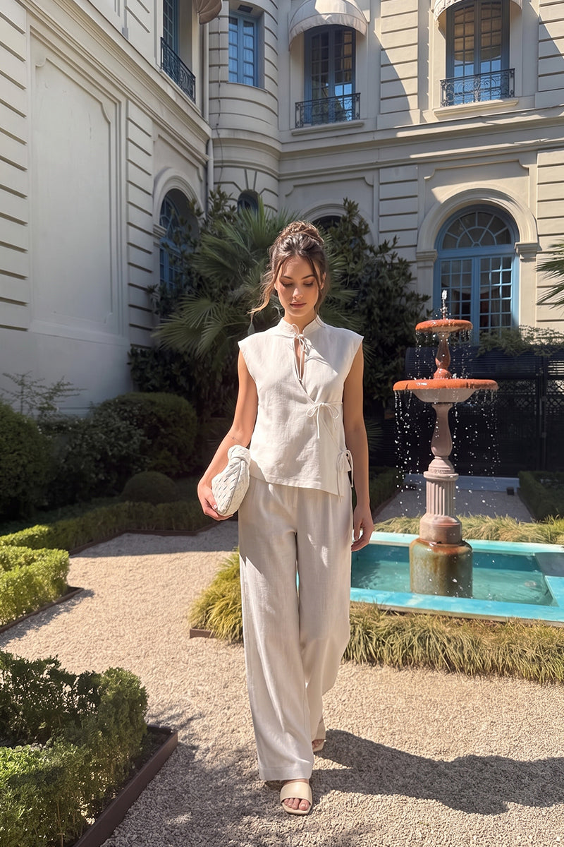 Mandarin Collar Tie Front Wide Leg Pants Tailored Sets