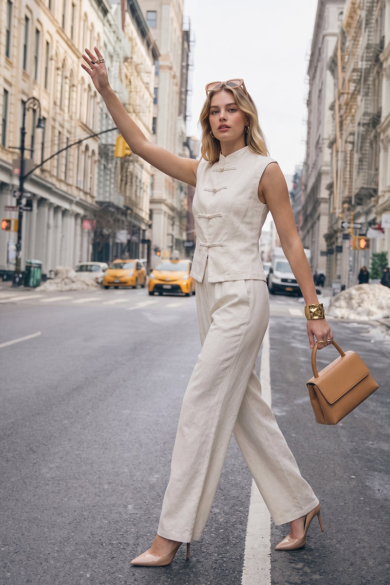 Mandarin Collar Knot Vest Wide Leg Pants Tailored Sets