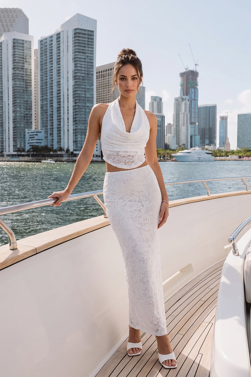 Cowl Neck Backless Lace Jacquard Tailored Skirt Sets