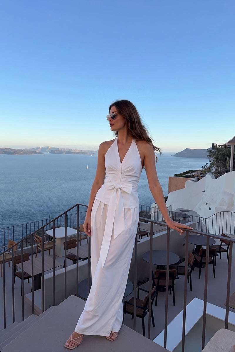 V Neck Ruched Tie Wide Leg Tailored Sets