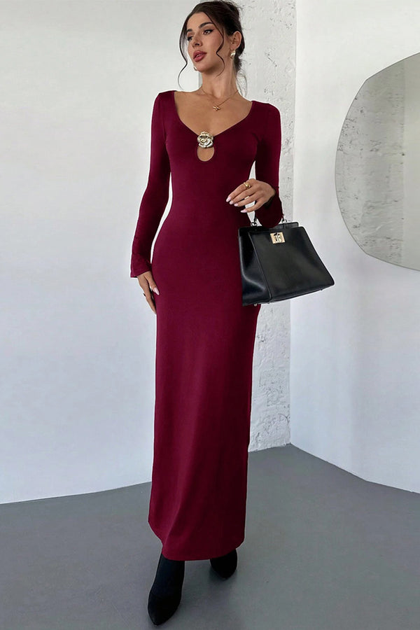Metallic Embellishments V Neck Long Sleeved Maxi Dress