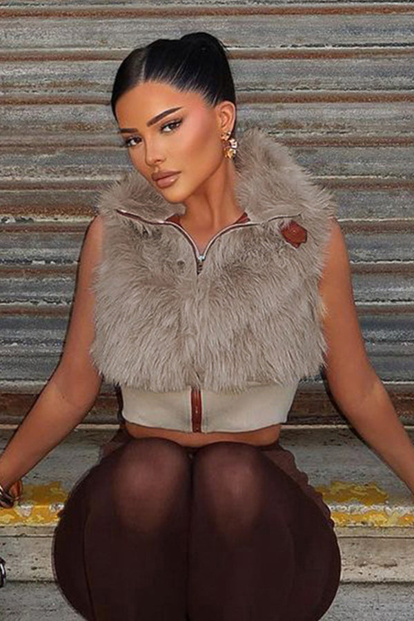 Zipper Faux Fur Patchwork Crop Vest