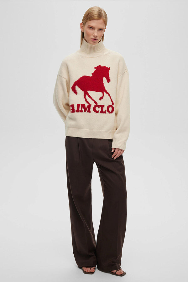 High Neck Long Sleeve Horse Pattern Knit Sweater