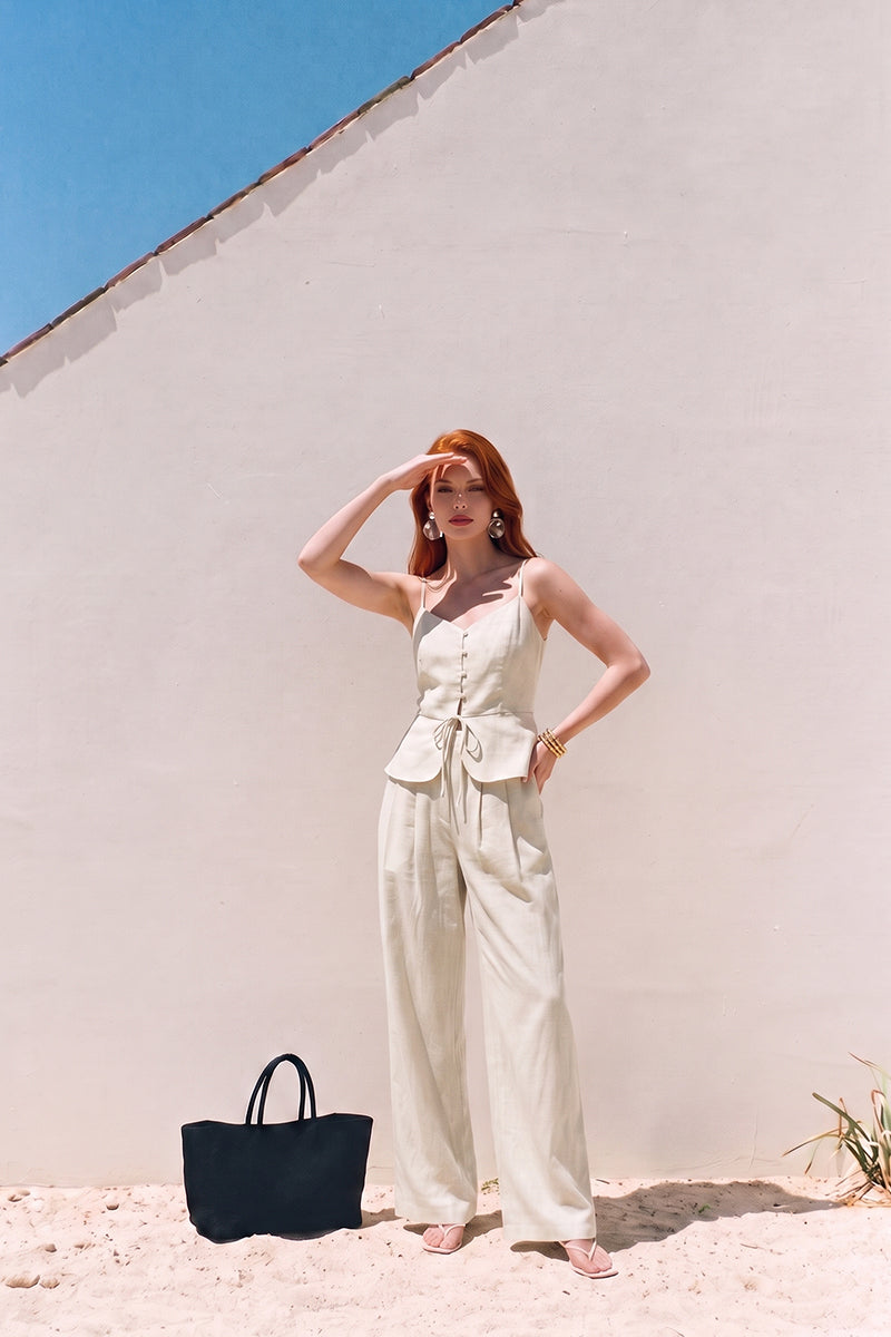 Linen Camisole Peplum Wide Leg Tailored Pant Sets
