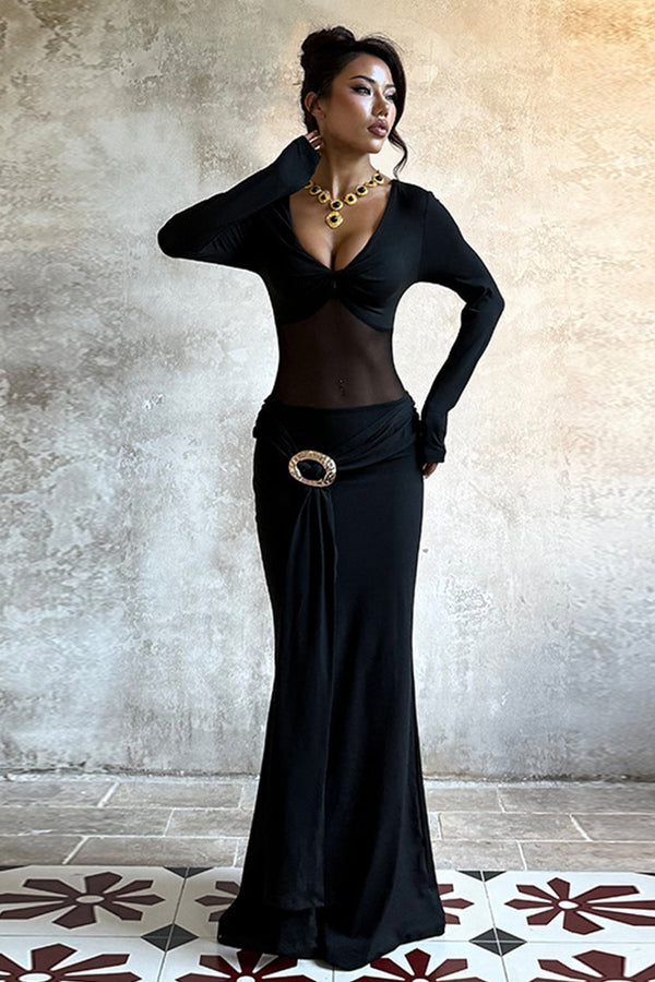 Long Sleeve Mesh Metal Ring Ribbon Maxi Dress