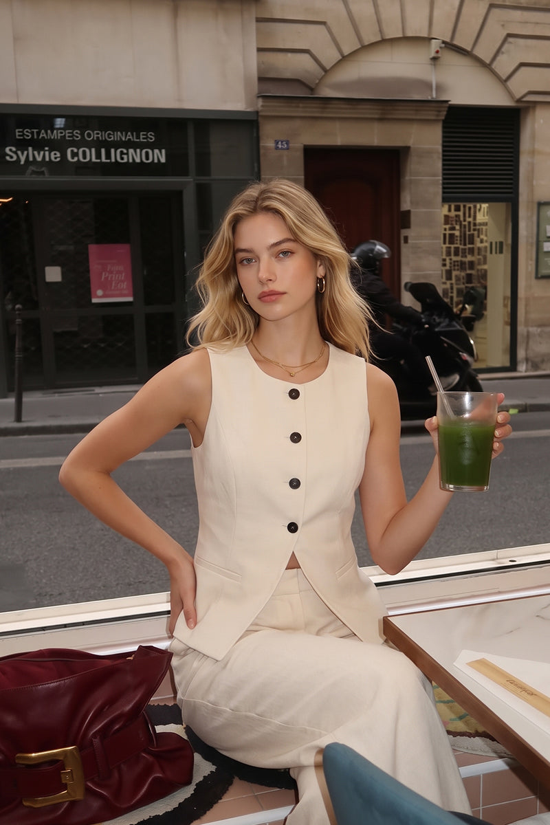 Round Neck Sleeveless Button Wide Leg Tailored Sets