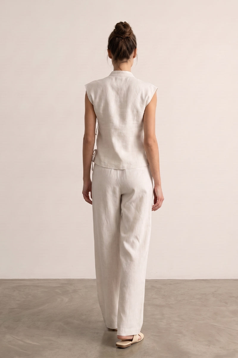 Mandarin Collar Tie Front Wide Leg Pants Tailored Sets
