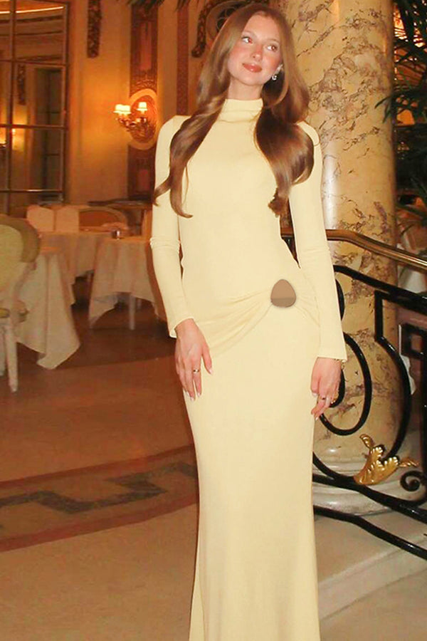 High Neck Long Sleeved Pleated Fishtail Maxi Dress