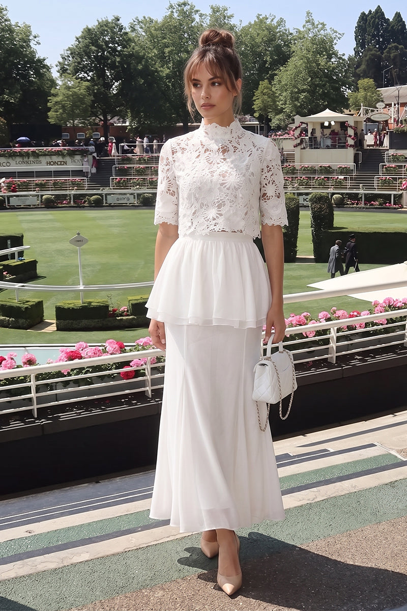 Mock Neck Lace Peplum Tailored Maxi Skirt Sets