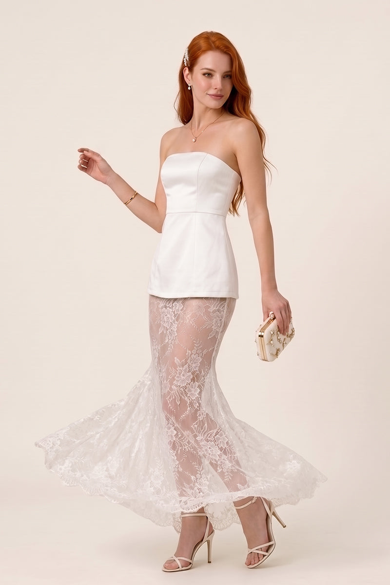 Strapless Peplum Detailed Lace Splicing Tailored Skirt Sets