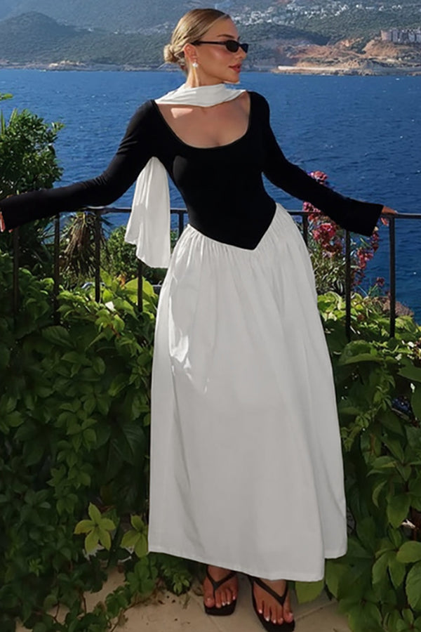 Long Sleeves Color Blocking Splicing Dress