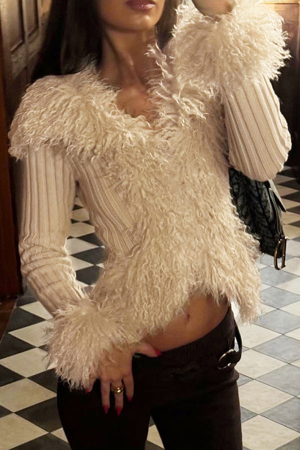 Knit Faux Fur Trim Zipper Cardigan