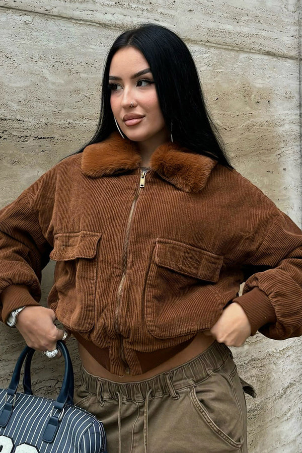 Faux Fur Lapel Pocket Corduroy Crop Jacket